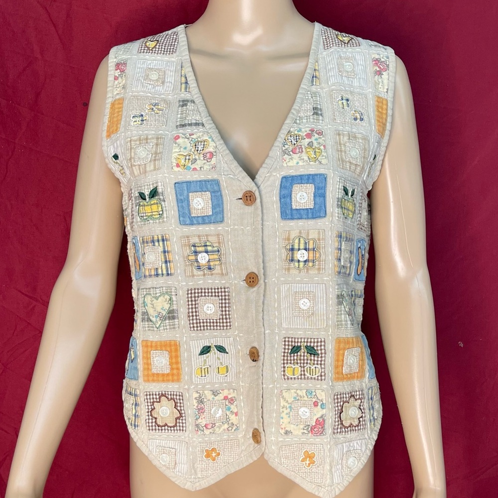 Vintage New Identity Patchwork  Vest Cotton & Flax Women’s Large